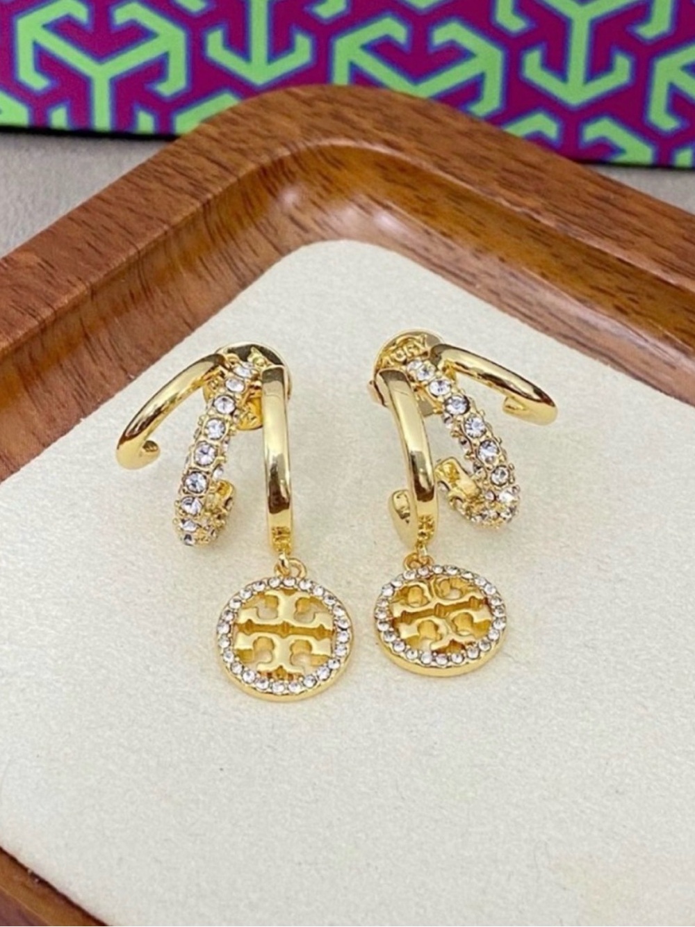Tory Burch Gold Crystal Logo
Drop Earrings